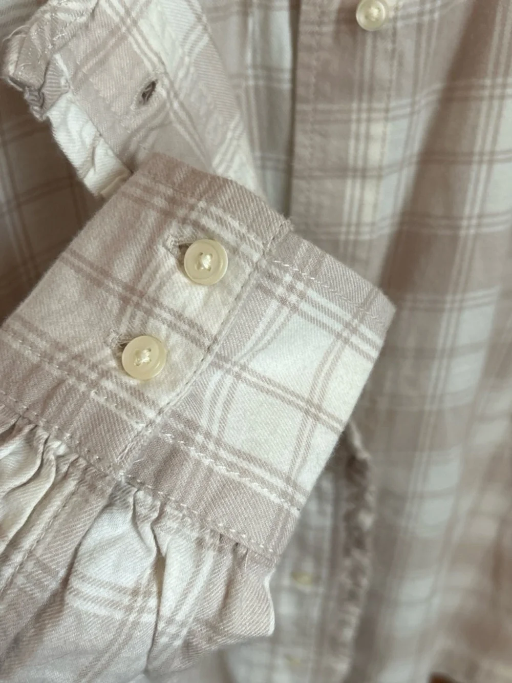 Women's Neutral Cream Plaid Button-Down Shirt with Ruffle Detail - Picture 4 of 8
